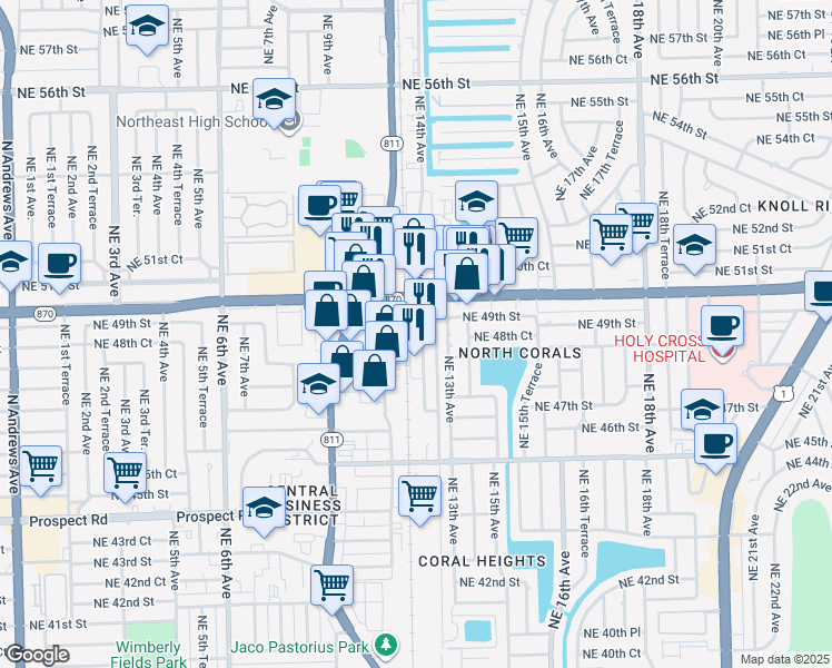 map of restaurants, bars, coffee shops, grocery stores, and more near 4829 Northeast 12th Avenue in Oakland Park