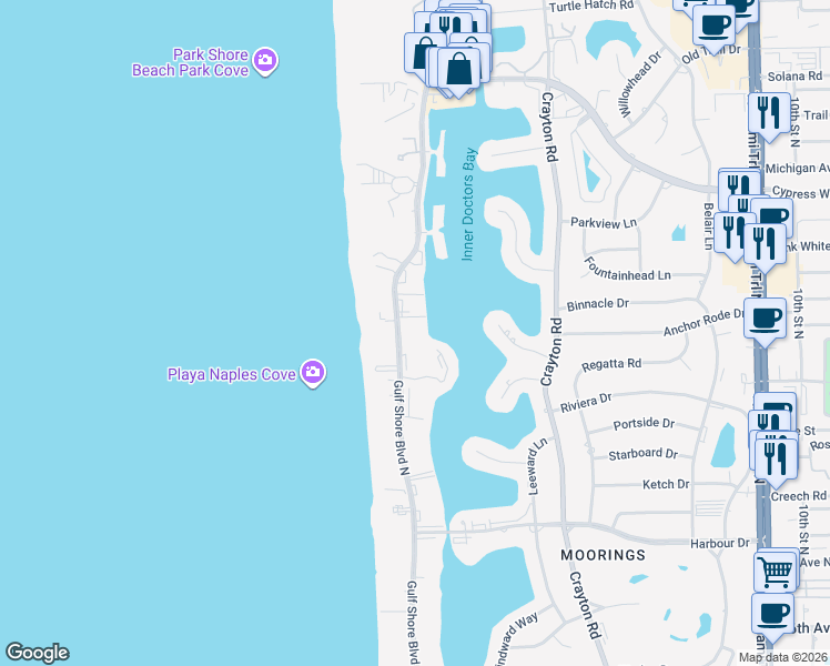 map of restaurants, bars, coffee shops, grocery stores, and more near 3420 Gulf Shore Boulevard North in Naples