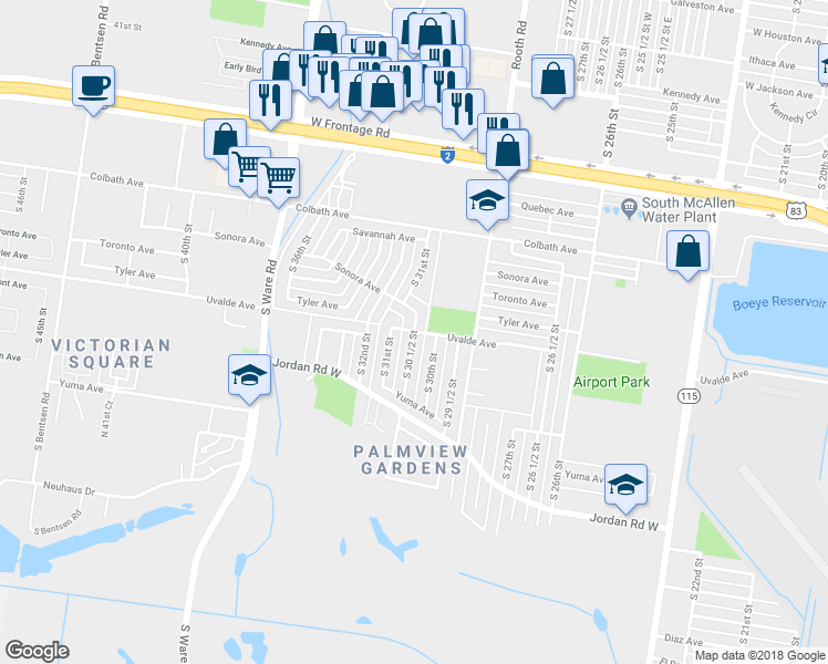 map of restaurants, bars, coffee shops, grocery stores, and more near 3101 Uvalde Avenue in McAllen