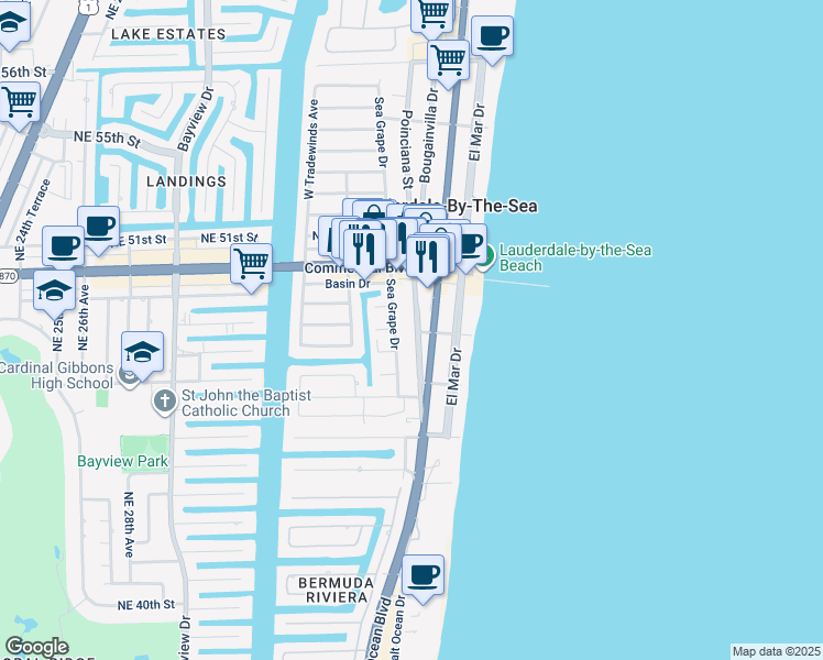 map of restaurants, bars, coffee shops, grocery stores, and more near 4229 Sea Grape Drive in Lauderdale-by-the-Sea