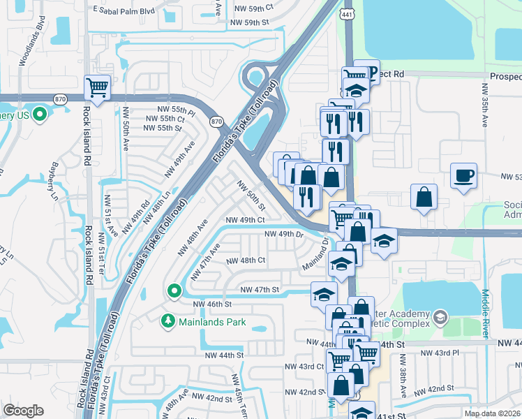 map of restaurants, bars, coffee shops, grocery stores, and more near 4740 Northwest 49th Court in Tamarac