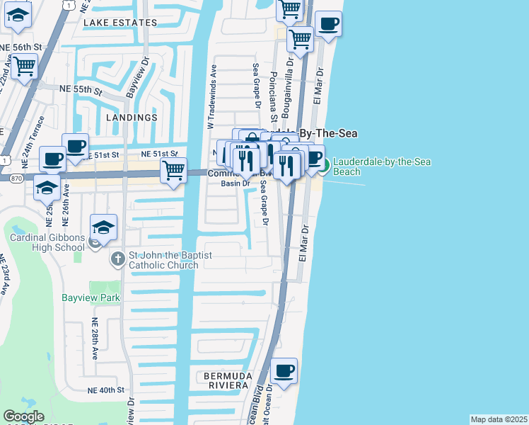 map of restaurants, bars, coffee shops, grocery stores, and more near 4229 Sea Grape Drive in Lauderdale-by-the-Sea