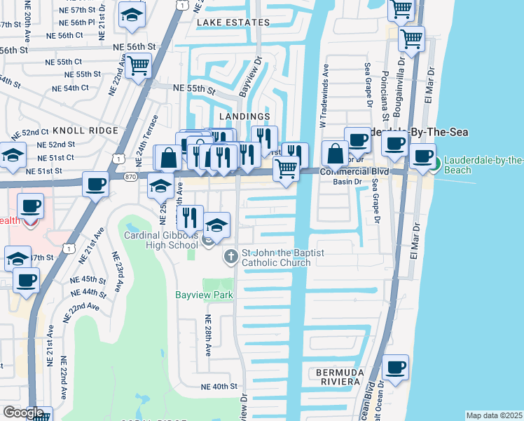 map of restaurants, bars, coffee shops, grocery stores, and more near 3001 Northeast 47th Court in Fort Lauderdale