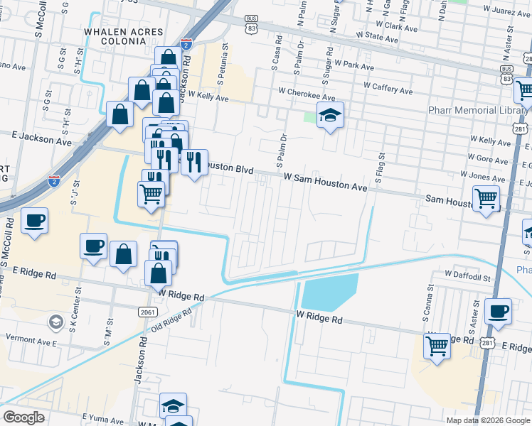 map of restaurants, bars, coffee shops, grocery stores, and more near 1101 South Palm Drive in Pharr