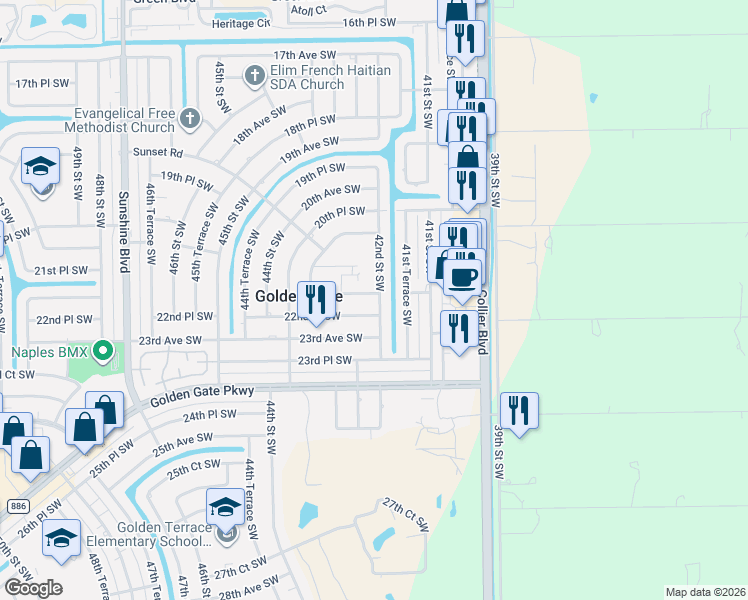 map of restaurants, bars, coffee shops, grocery stores, and more near 2256 42nd Street Southwest in Naples