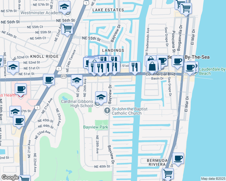 map of restaurants, bars, coffee shops, grocery stores, and more near 3000 Northeast 48th Street in Fort Lauderdale