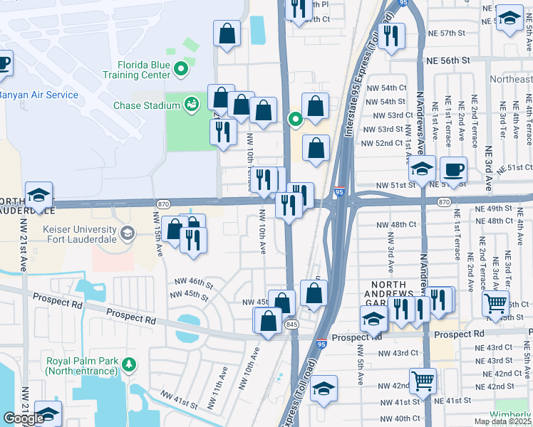 map of restaurants, bars, coffee shops, grocery stores, and more near 4900 Northwest 10th Avenue in Fort Lauderdale