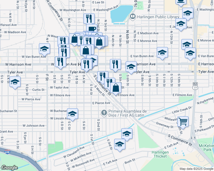 map of restaurants, bars, coffee shops, grocery stores, and more near 222 East Polk Avenue in Harlingen