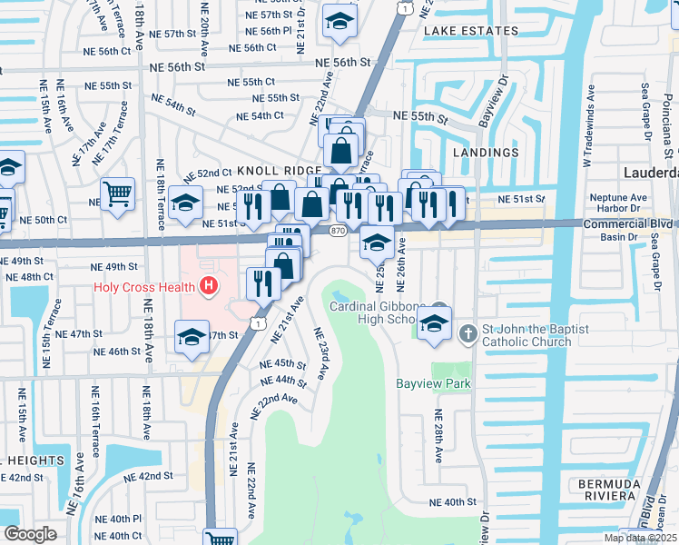 map of restaurants, bars, coffee shops, grocery stores, and more near Northeast 24th Terrace in Fort Lauderdale