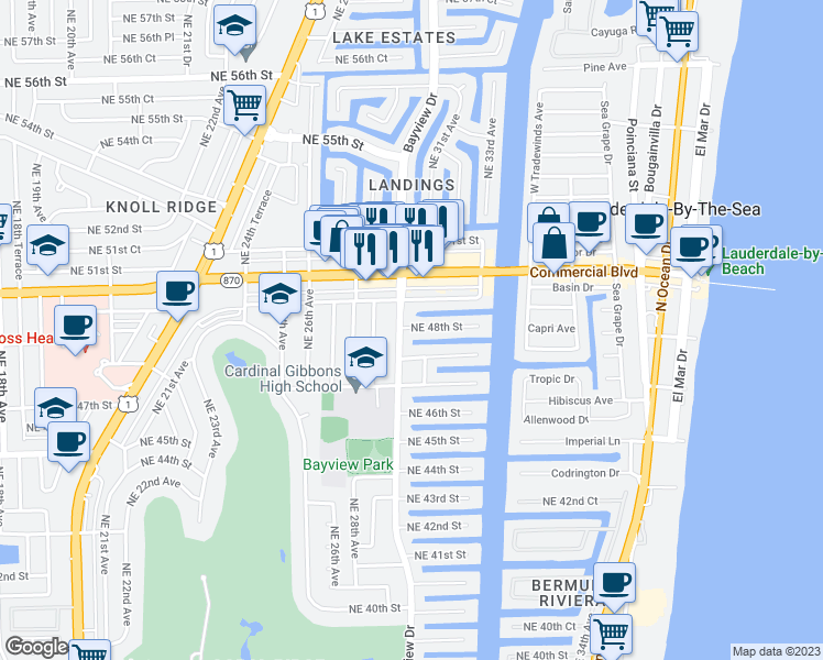 map of restaurants, bars, coffee shops, grocery stores, and more near 3024 Northeast 49th Street in Fort Lauderdale