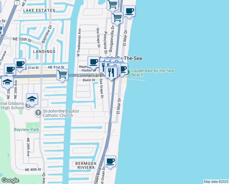 map of restaurants, bars, coffee shops, grocery stores, and more near 4321 North Ocean Drive in Lauderdale-by-the-Sea