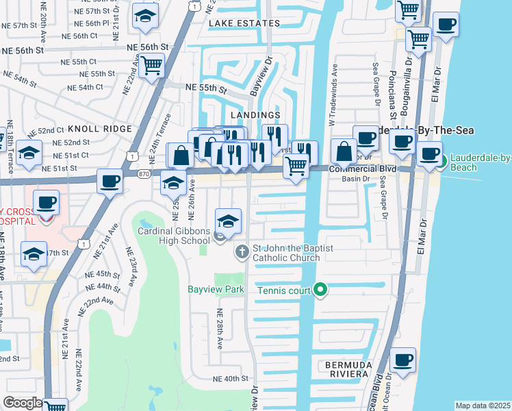 map of restaurants, bars, coffee shops, grocery stores, and more near 3024 Northeast 49th Street in Fort Lauderdale
