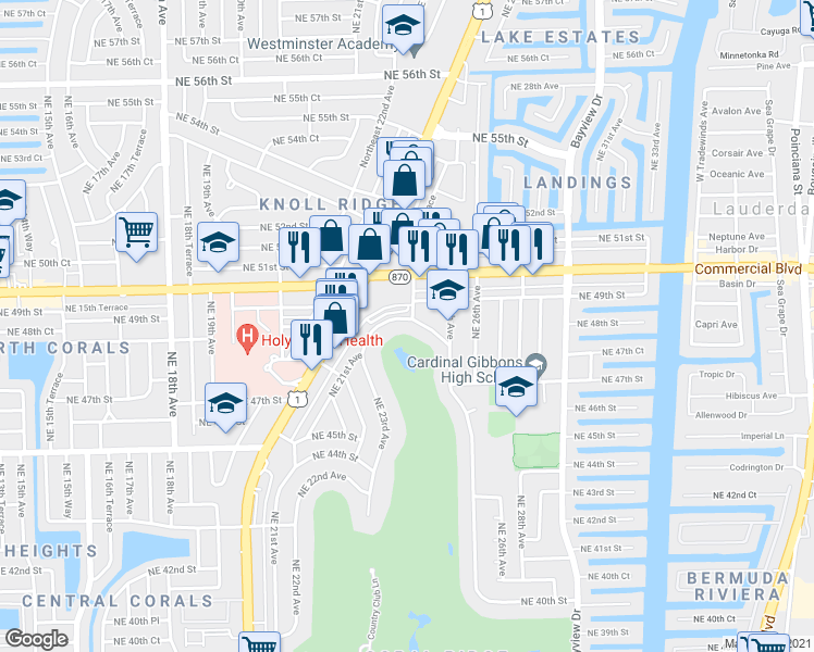 map of restaurants, bars, coffee shops, grocery stores, and more near Northeast 24th Terrace in Fort Lauderdale