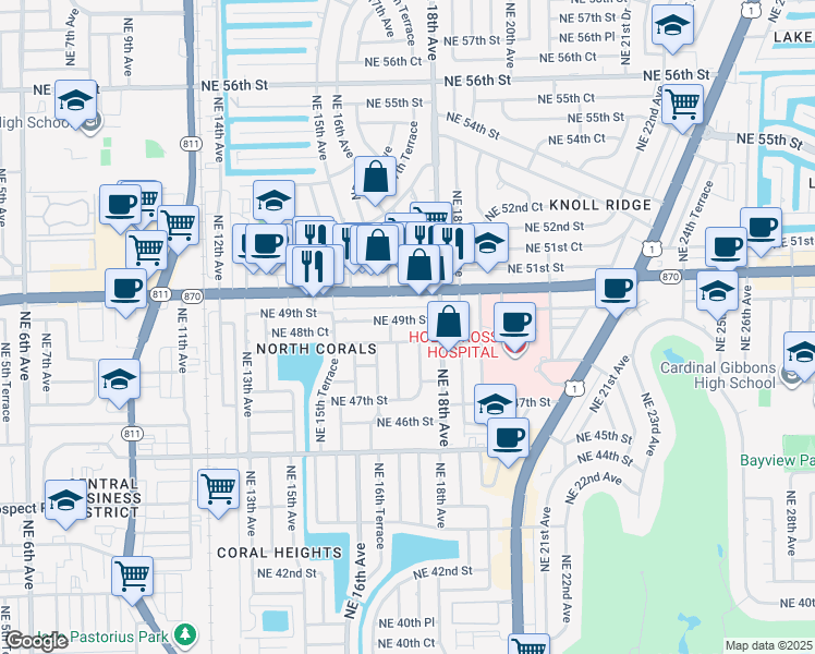 map of restaurants, bars, coffee shops, grocery stores, and more near 1736 East Commercial Boulevard in Oakland Park