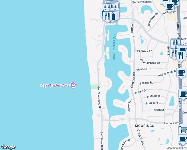 map of restaurants, bars, coffee shops, grocery stores, and more near 3483 Gulf Shore Boulevard North in Naples