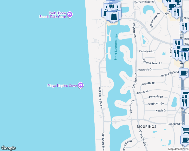 map of restaurants, bars, coffee shops, grocery stores, and more near 3483 Gulf Shore Boulevard North in Naples