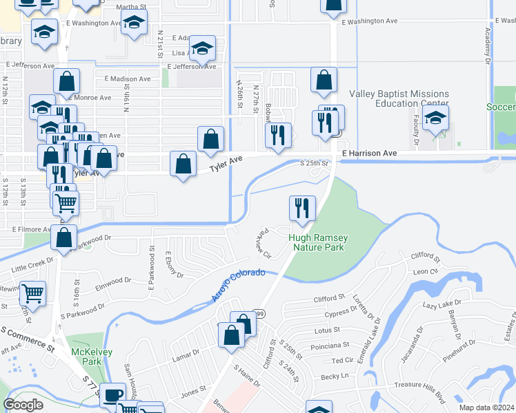 map of restaurants, bars, coffee shops, grocery stores, and more near 902 Texas 499 Loop in Harlingen
