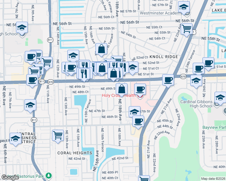 map of restaurants, bars, coffee shops, grocery stores, and more near 1736 East Commercial Boulevard in Oakland Park