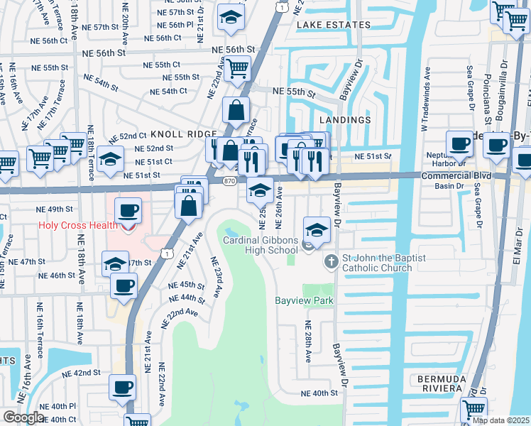 map of restaurants, bars, coffee shops, grocery stores, and more near 4845 Northeast 25th Avenue in Fort Lauderdale