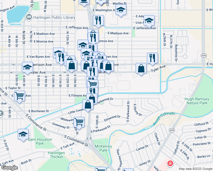 map of restaurants, bars, coffee shops, grocery stores, and more near 1702 Stone Drive in Harlingen