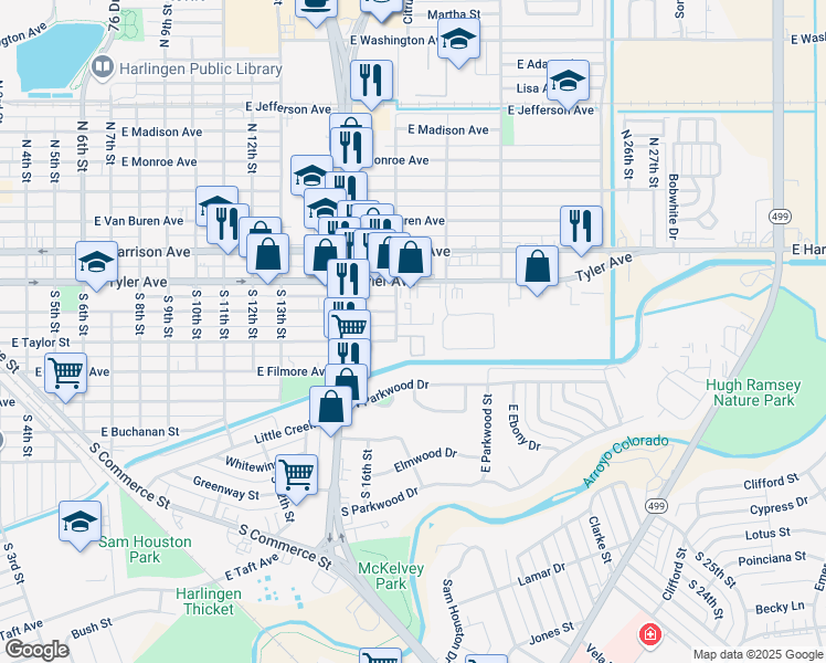 map of restaurants, bars, coffee shops, grocery stores, and more near 1710 Stone Drive in Harlingen