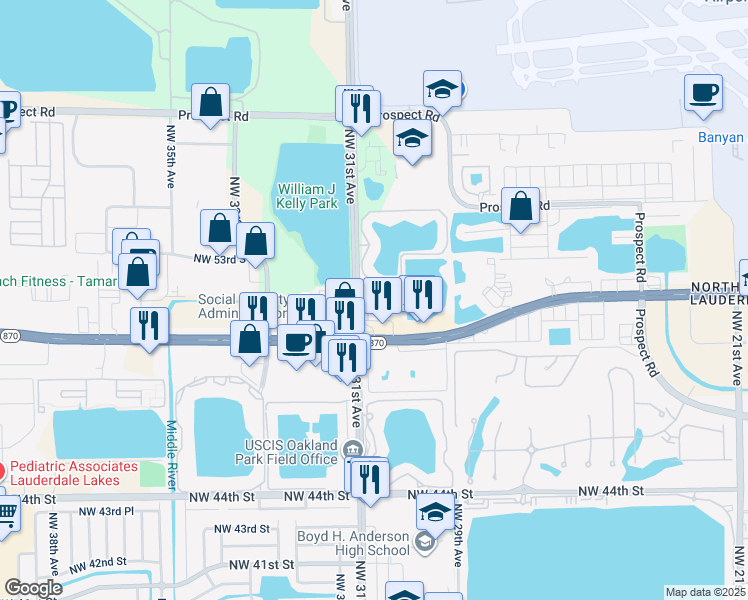 map of restaurants, bars, coffee shops, grocery stores, and more near 5147 Northwest 30th Lane in Fort Lauderdale