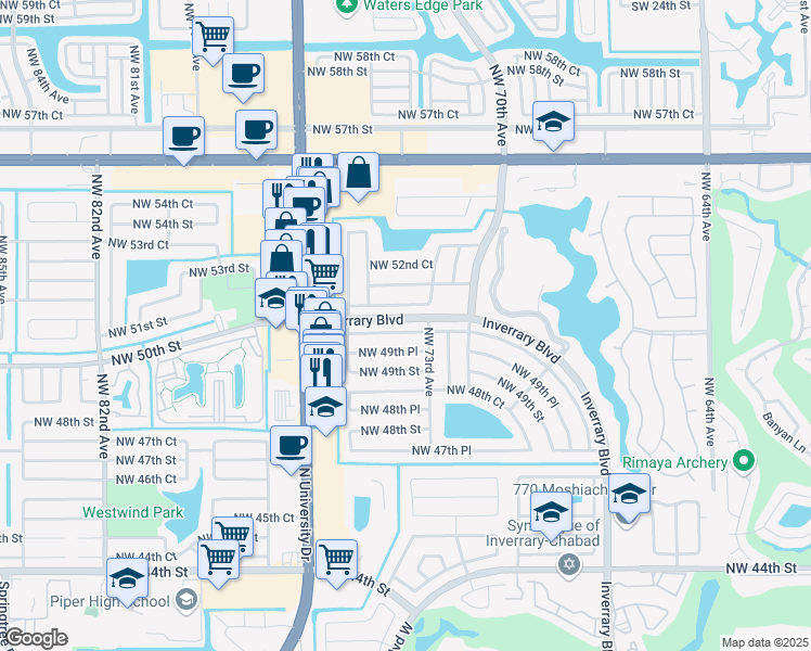 map of restaurants, bars, coffee shops, grocery stores, and more near 7390 Northwest 51st Street in Lauderhill