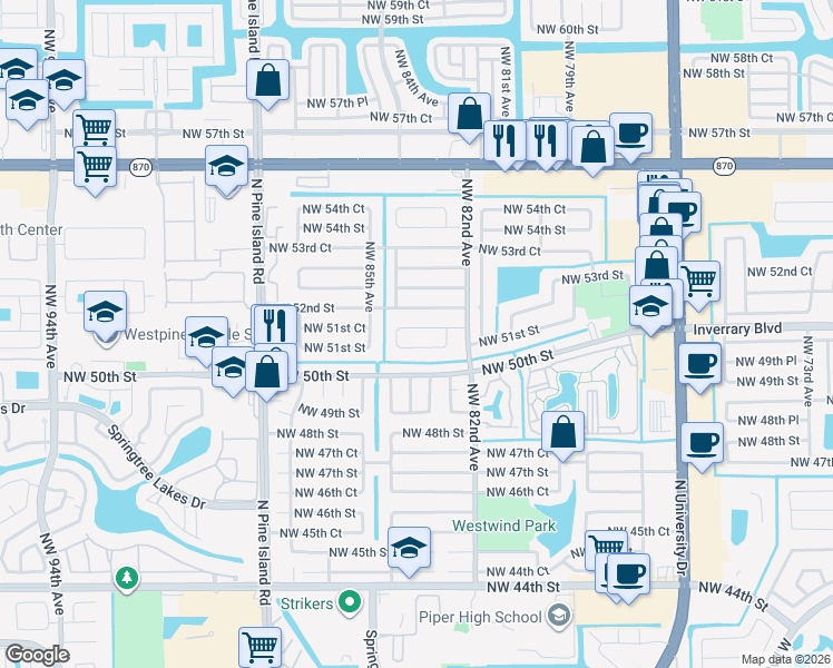 map of restaurants, bars, coffee shops, grocery stores, and more near 8310 Northwest 52nd Street in Lauderhill