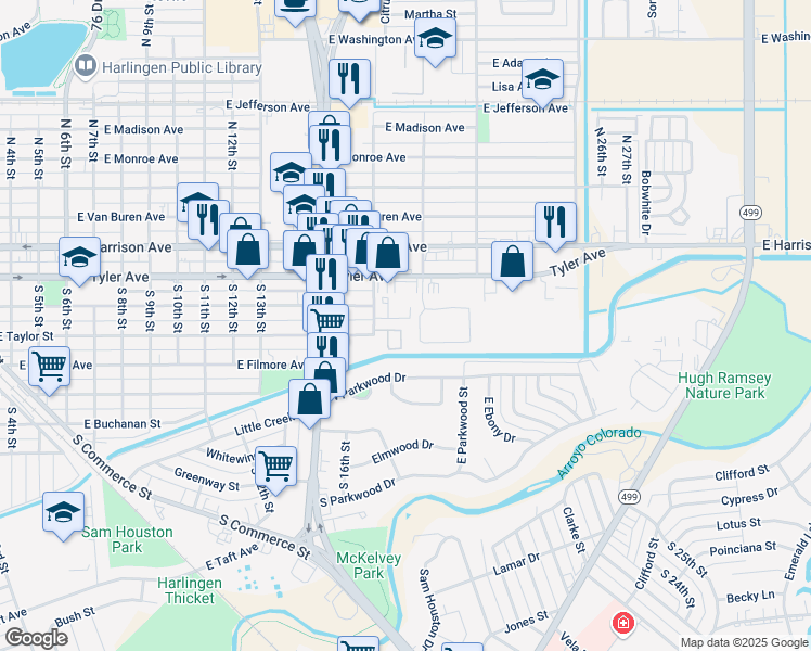 map of restaurants, bars, coffee shops, grocery stores, and more near 501 Rock Circle in Harlingen