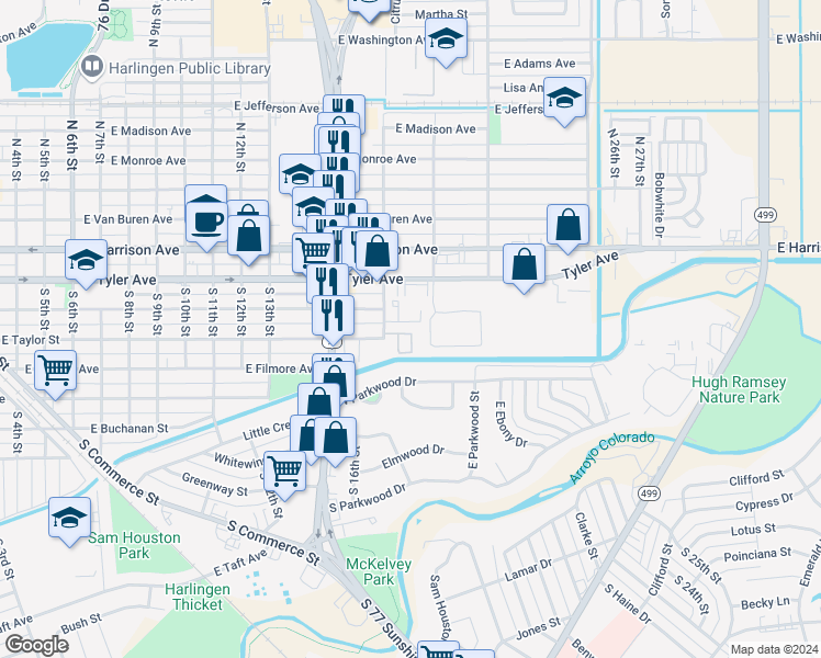 map of restaurants, bars, coffee shops, grocery stores, and more near 501 Rock Circle in Harlingen