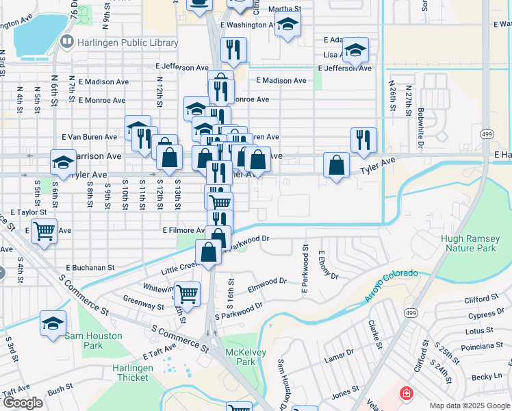 map of restaurants, bars, coffee shops, grocery stores, and more near 501 Rock Circle in Harlingen