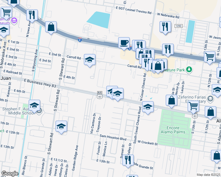 map of restaurants, bars, coffee shops, grocery stores, and more near 601 E Expy 83 in San Juan
