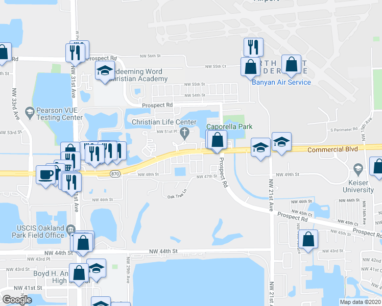 map of restaurants, bars, coffee shops, grocery stores, and more near 2600 Northwest 50th Street in Tamarac