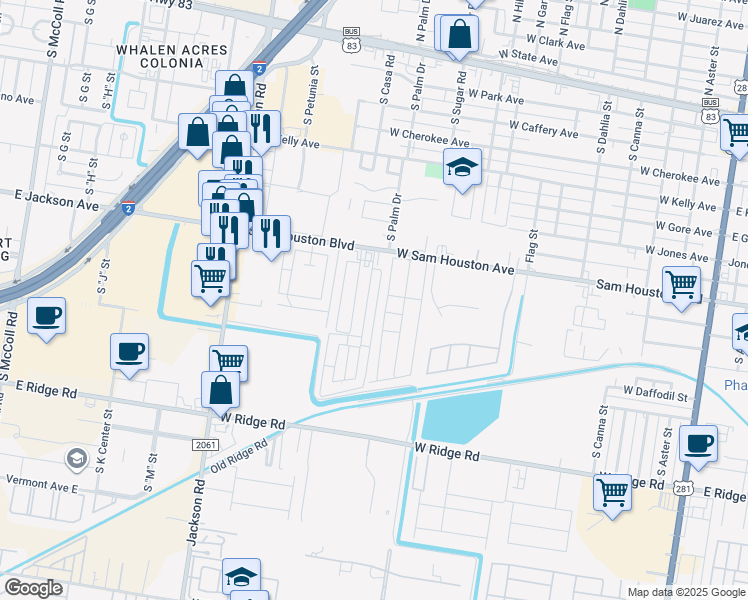 map of restaurants, bars, coffee shops, grocery stores, and more near 903 South Palm Drive in Pharr