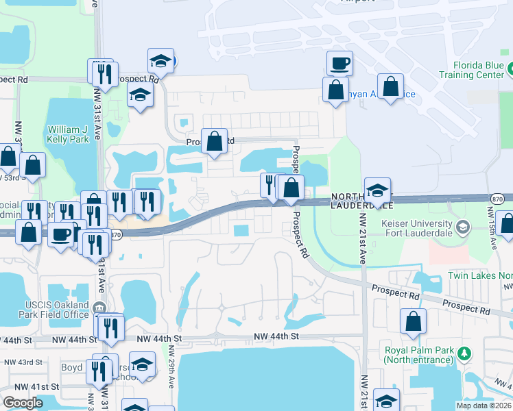 map of restaurants, bars, coffee shops, grocery stores, and more near 2600 Northwest 50th Street in Tamarac