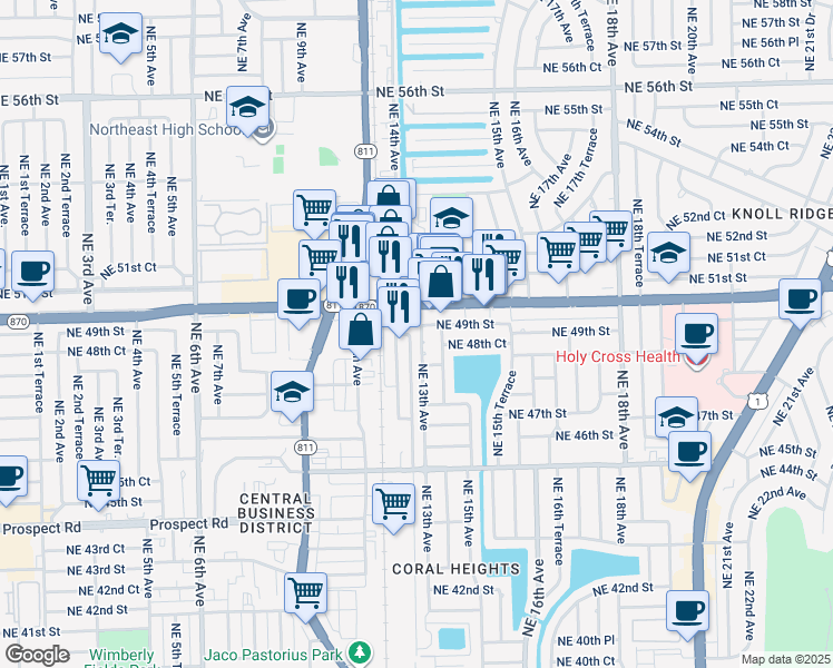 map of restaurants, bars, coffee shops, grocery stores, and more near 1300 East Commercial Boulevard in Oakland Park