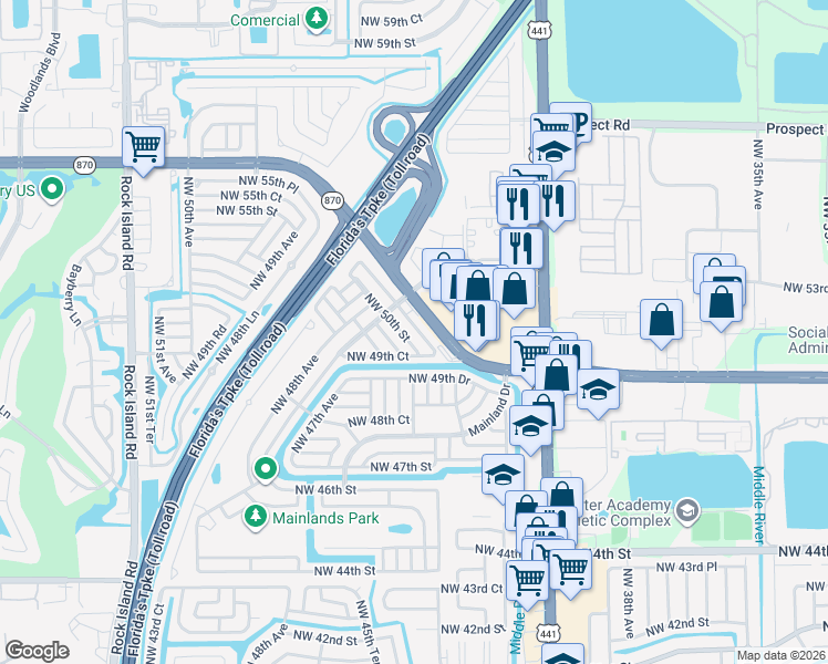 map of restaurants, bars, coffee shops, grocery stores, and more near 4727 Northwest 50th Street in Tamarac