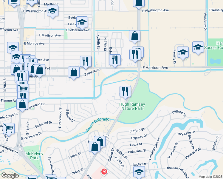 map of restaurants, bars, coffee shops, grocery stores, and more near 902 Texas 499 Loop in Harlingen