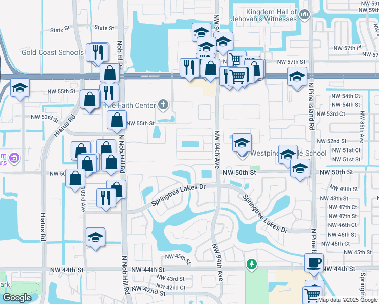 map of restaurants, bars, coffee shops, grocery stores, and more near 9543 Northwest 52nd Court in Lauderhill