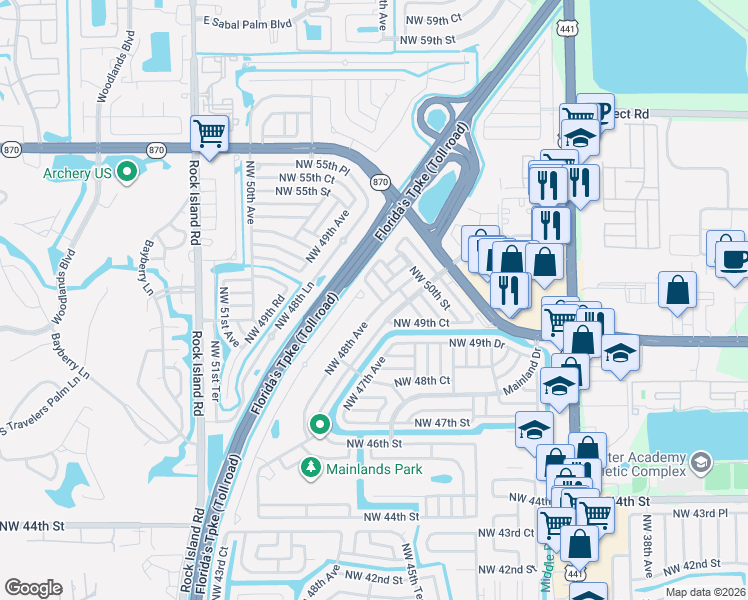 map of restaurants, bars, coffee shops, grocery stores, and more near 4810 Northwest 49th Court in Tamarac
