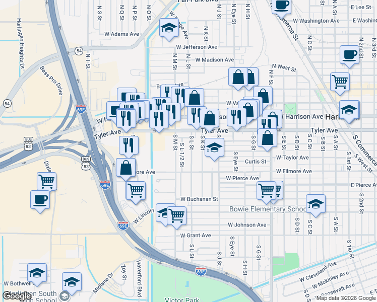 map of restaurants, bars, coffee shops, grocery stores, and more near 502 South K Street in Harlingen