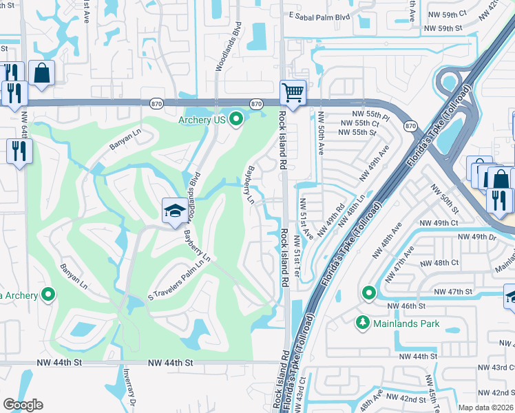 map of restaurants, bars, coffee shops, grocery stores, and more near 5530 Sago Palm Boulevard in Tamarac