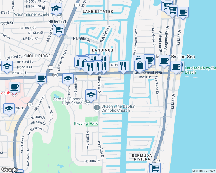 map of restaurants, bars, coffee shops, grocery stores, and more near 3024 Northeast 49th Street in Fort Lauderdale