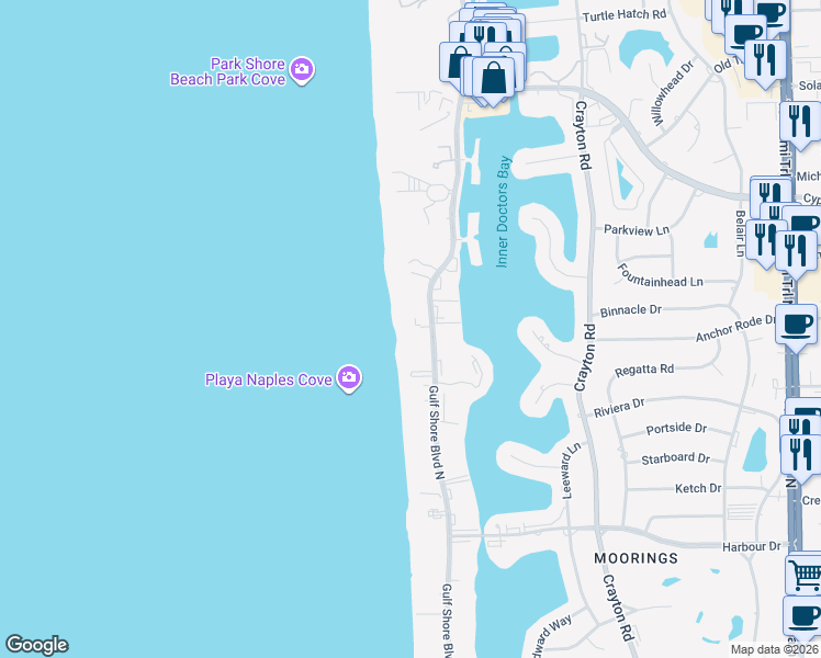 map of restaurants, bars, coffee shops, grocery stores, and more near 3483 Gulf Shore Boulevard North in Naples