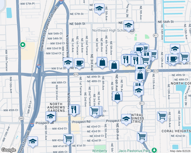 map of restaurants, bars, coffee shops, grocery stores, and more near 313 Northeast 2nd Avenue in Oakland Park