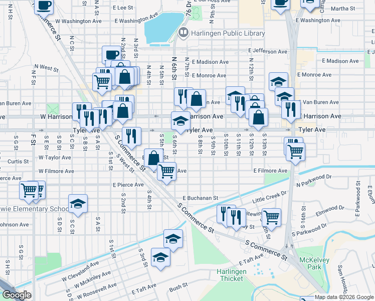 map of restaurants, bars, coffee shops, grocery stores, and more near 549 S 7th St in Harlingen