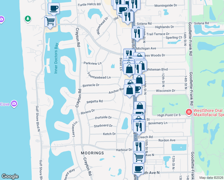 map of restaurants, bars, coffee shops, grocery stores, and more near 770 Binnacle Drive in Naples