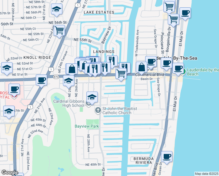 map of restaurants, bars, coffee shops, grocery stores, and more near 3024 Northeast 49th Street in Fort Lauderdale