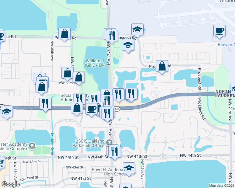 map of restaurants, bars, coffee shops, grocery stores, and more near 5147 Northwest 30th Lane in Fort Lauderdale