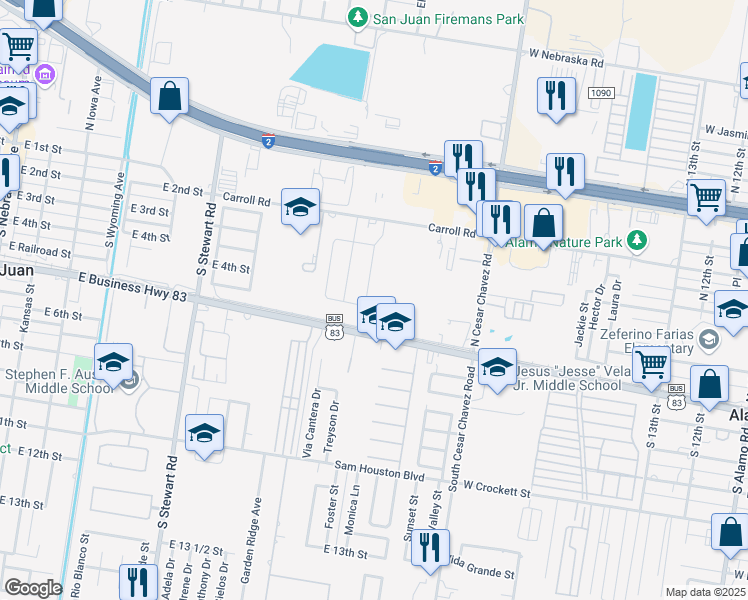 map of restaurants, bars, coffee shops, grocery stores, and more near 601 E Expy 83 in San Juan